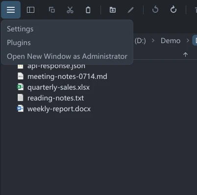 Top-left menu in a normal Windows window showing Open New Window as Administrator