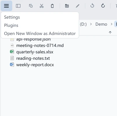 Top-left menu in a normal Windows window showing Open New Window as Administrator