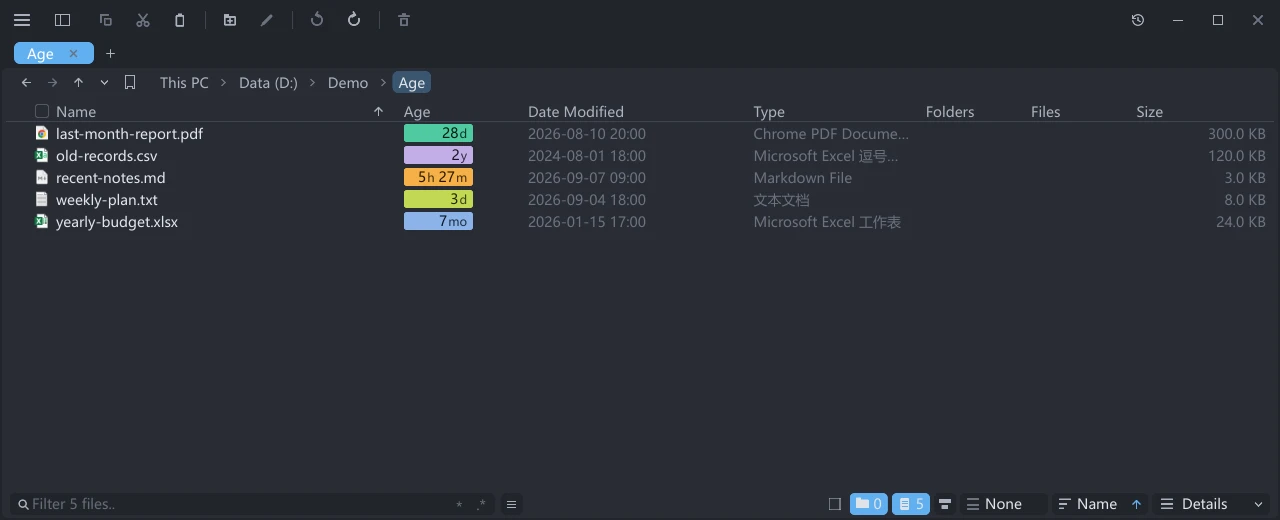 Five files in tessoa Details view have colored time badges in the Age column, with exact modification times in the Date Modified column to the right