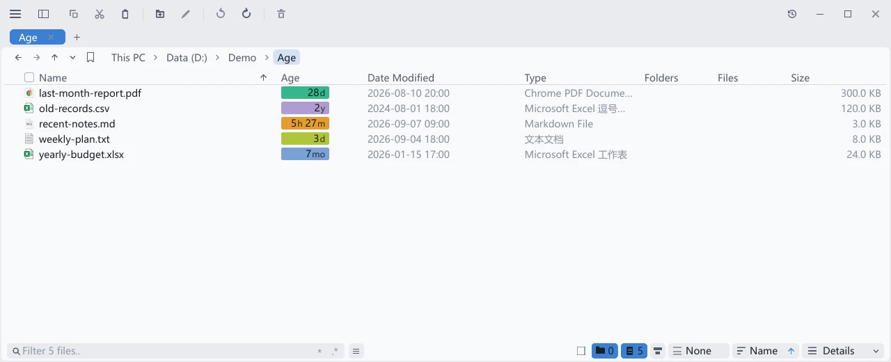 Five files in tessoa Details view have colored time badges in the Age column, with exact modification times in the Date Modified column to the right
