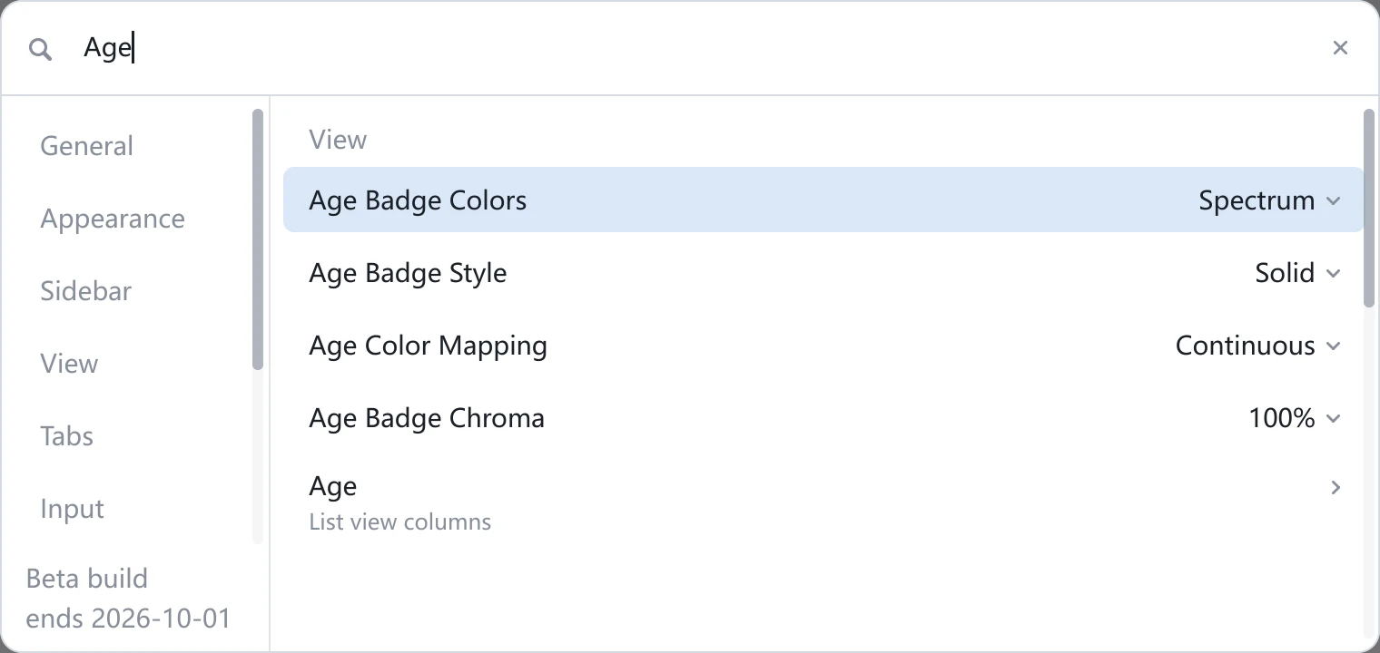 Searching for Age in tessoa Settings shows Age Badge Colors, Age Badge Style, Age Color Mapping and Age Badge Chroma in the View group, with a List view columns entry below