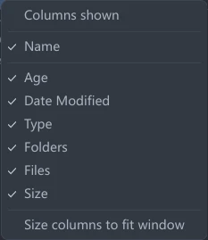 The Columns shown menu opened from a details-view column header in tessoa: ticks indicate currently visible columns, with the Size columns to fit window action at the bottom