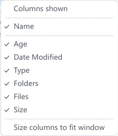 The Columns shown menu opened from a details-view column header in tessoa: ticks indicate currently visible columns, with the Size columns to fit window action at the bottom