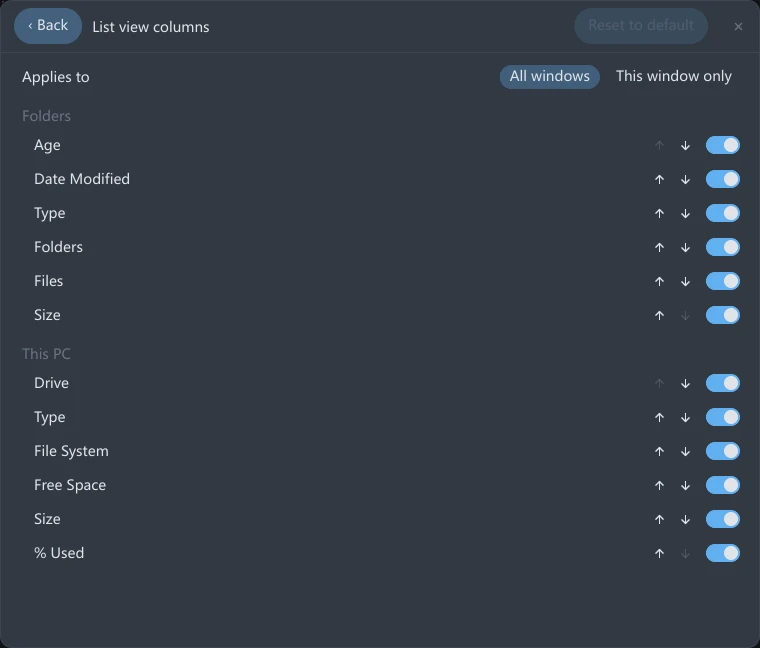 The List view columns page in tessoa settings: the Applies to buttons All windows and This window only at the top, followed by separate lists of Folders and This PC columns, each row ending in ↑, ↓ and a toggle