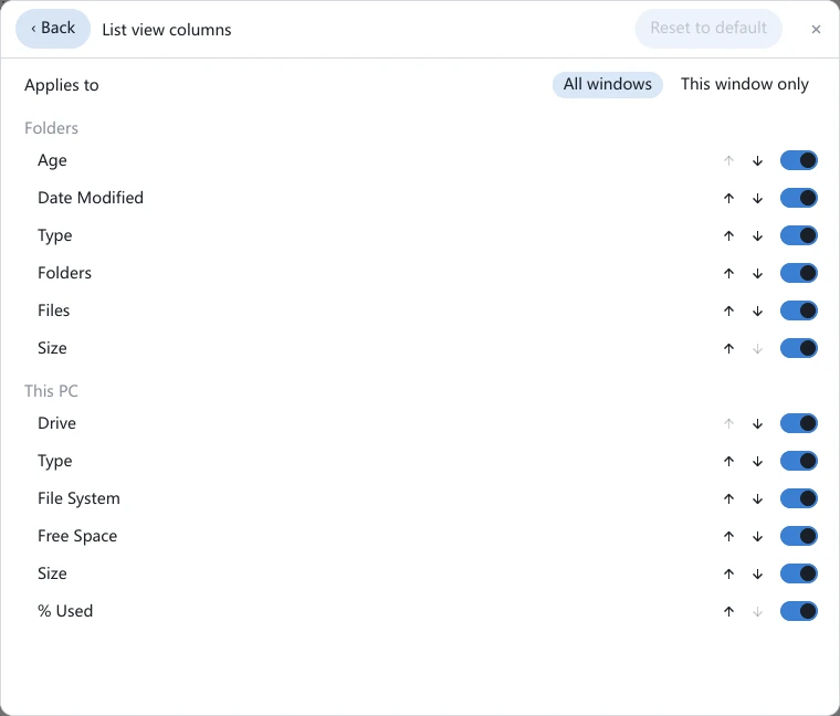 The List view columns page in tessoa settings: the Applies to buttons All windows and This window only at the top, followed by separate lists of Folders and This PC columns, each row ending in ↑, ↓ and a toggle