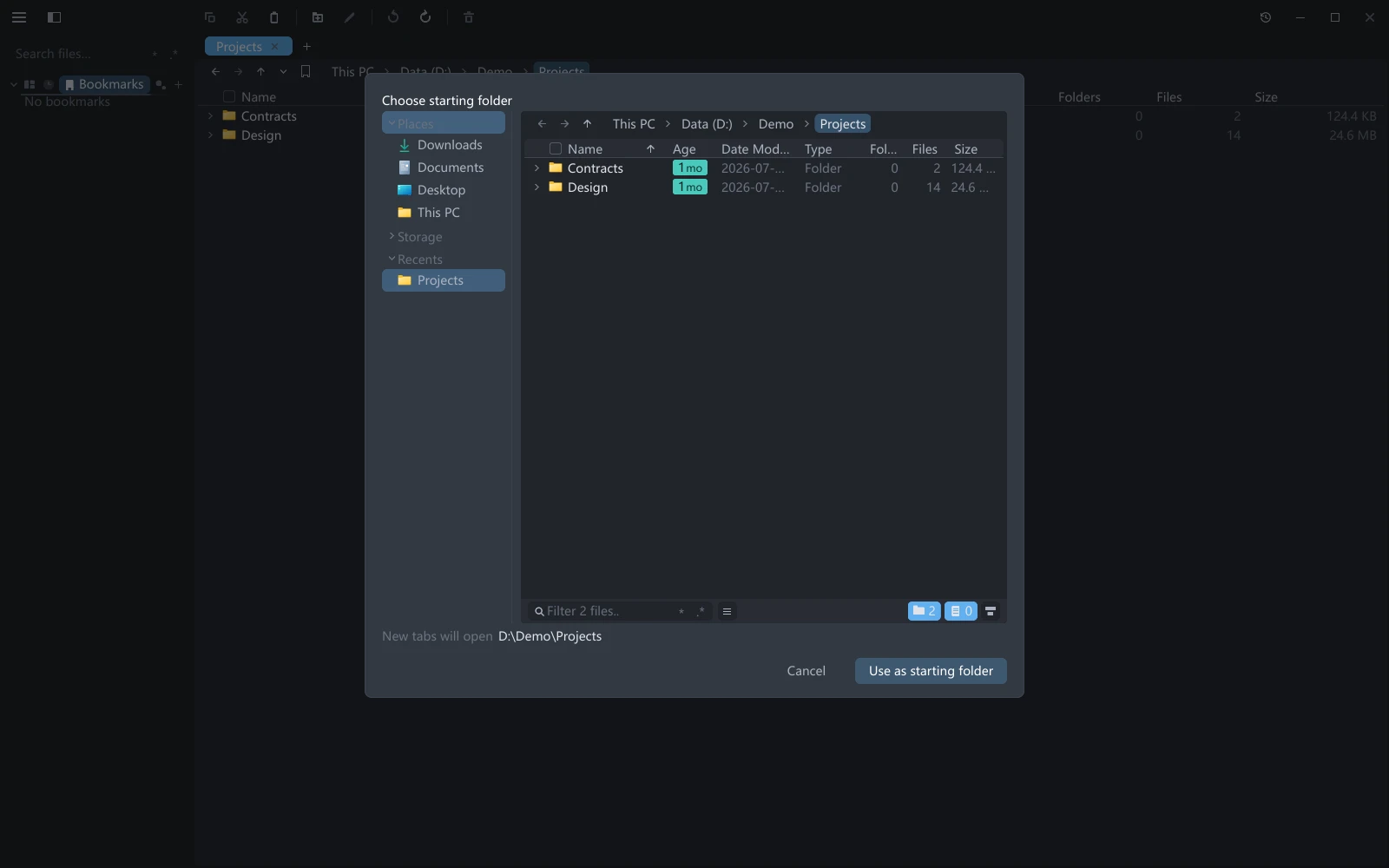 tessoa's folder picker: a left rail with Places, Storage, Recents and Bookmarks, and a complete tab with nav bar and footer on the right