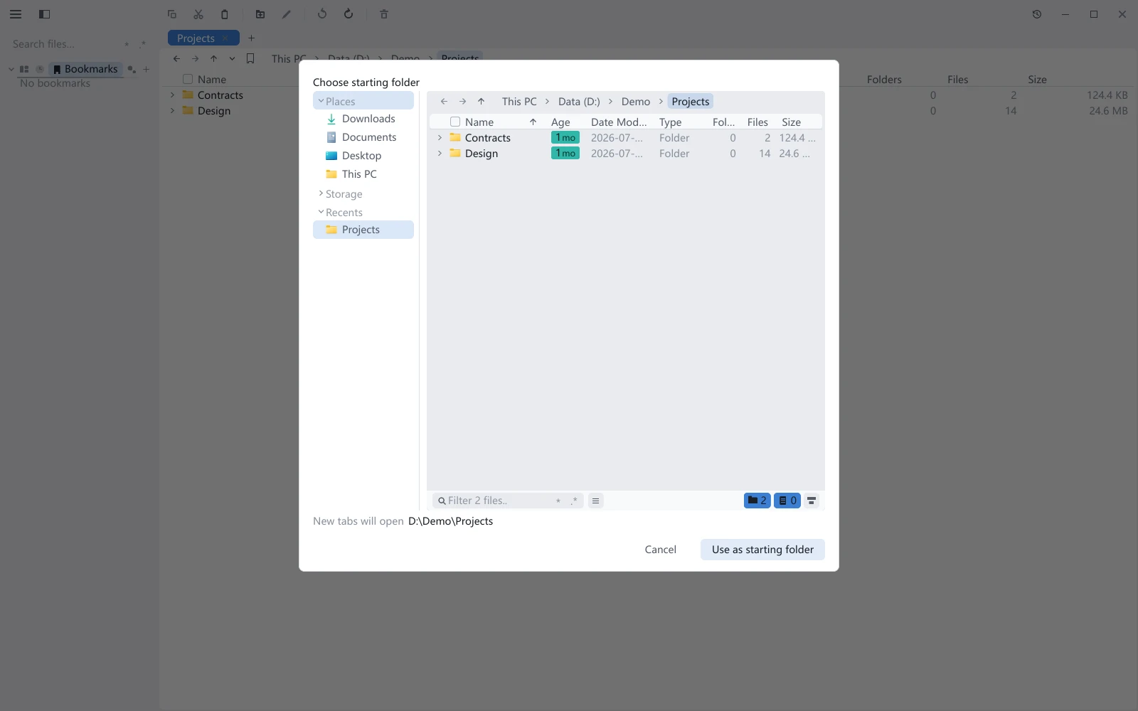tessoa's folder picker: a left rail with Places, Storage, Recents and Bookmarks, and a complete tab with nav bar and footer on the right