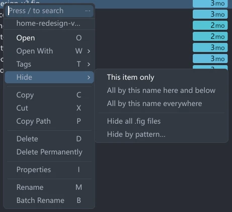 tessoa's file context menu, the right-clicked file's name in grey at the top, with Hide expanded into a flyout: This item only, All by this name here and below, All by this name everywhere, then below a separator Hide all .fig files and Hide by pattern…