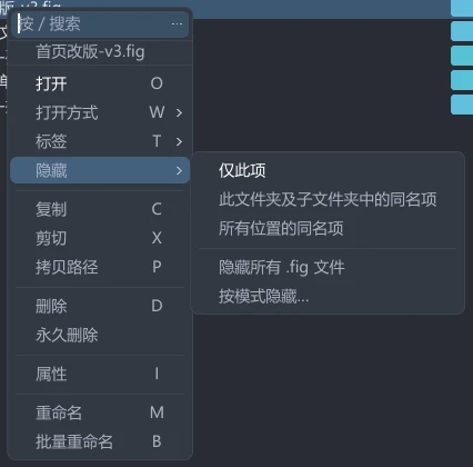 tessoa 文件右键菜单,顶部灰字是右键的那个文件名,「隐藏」那一项展开出子菜单:仅此项、此文件夹及子文件夹中的同名项、所有位置的同名项,分隔线下面是隐藏所有 .fig 文件和按模式隐藏…