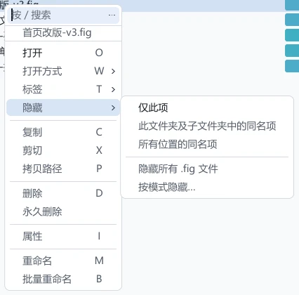 tessoa 文件右键菜单,顶部灰字是右键的那个文件名,「隐藏」那一项展开出子菜单:仅此项、此文件夹及子文件夹中的同名项、所有位置的同名项,分隔线下面是隐藏所有 .fig 文件和按模式隐藏…