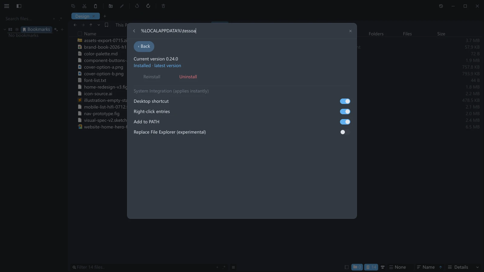 tessoa Windows install page: install location and system integration toggles