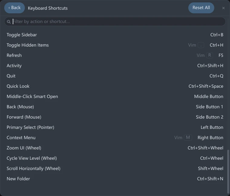 The Keyboard Shortcuts page in tessoa's Settings scrolled to the end: Middle-Click Smart Open, Back (Mouse), Forward (Mouse), Primary Select (Pointer), Context Menu and three wheel actions each on a row, with Middle Button, Side Button 1, Side Button 2, Left Button, Right Button and three wheel combinations in the column on the right