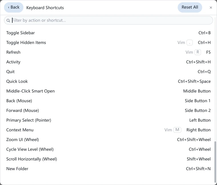 The Keyboard Shortcuts page in tessoa's Settings scrolled to the end: Middle-Click Smart Open, Back (Mouse), Forward (Mouse), Primary Select (Pointer), Context Menu and three wheel actions each on a row, with Middle Button, Side Button 1, Side Button 2, Left Button, Right Button and three wheel combinations in the column on the right