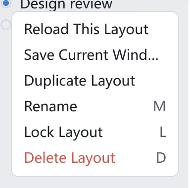 The row menu on a tessoa layout, with Reload This Layout at the top