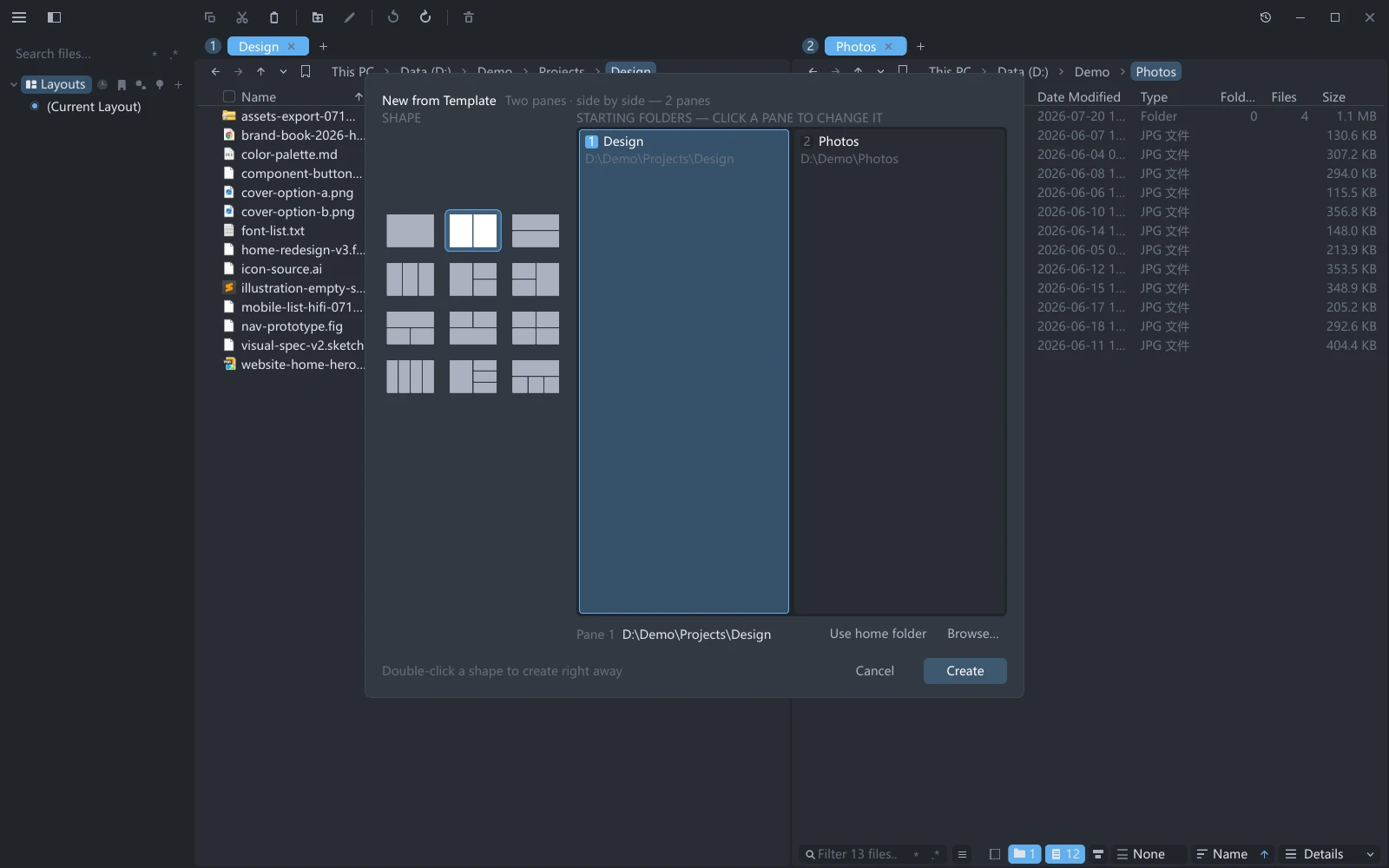 tessoa's New from Template dialog: twelve shape thumbnails on the left, the chosen shape drawn on the right with each pane labelled with its number and folder