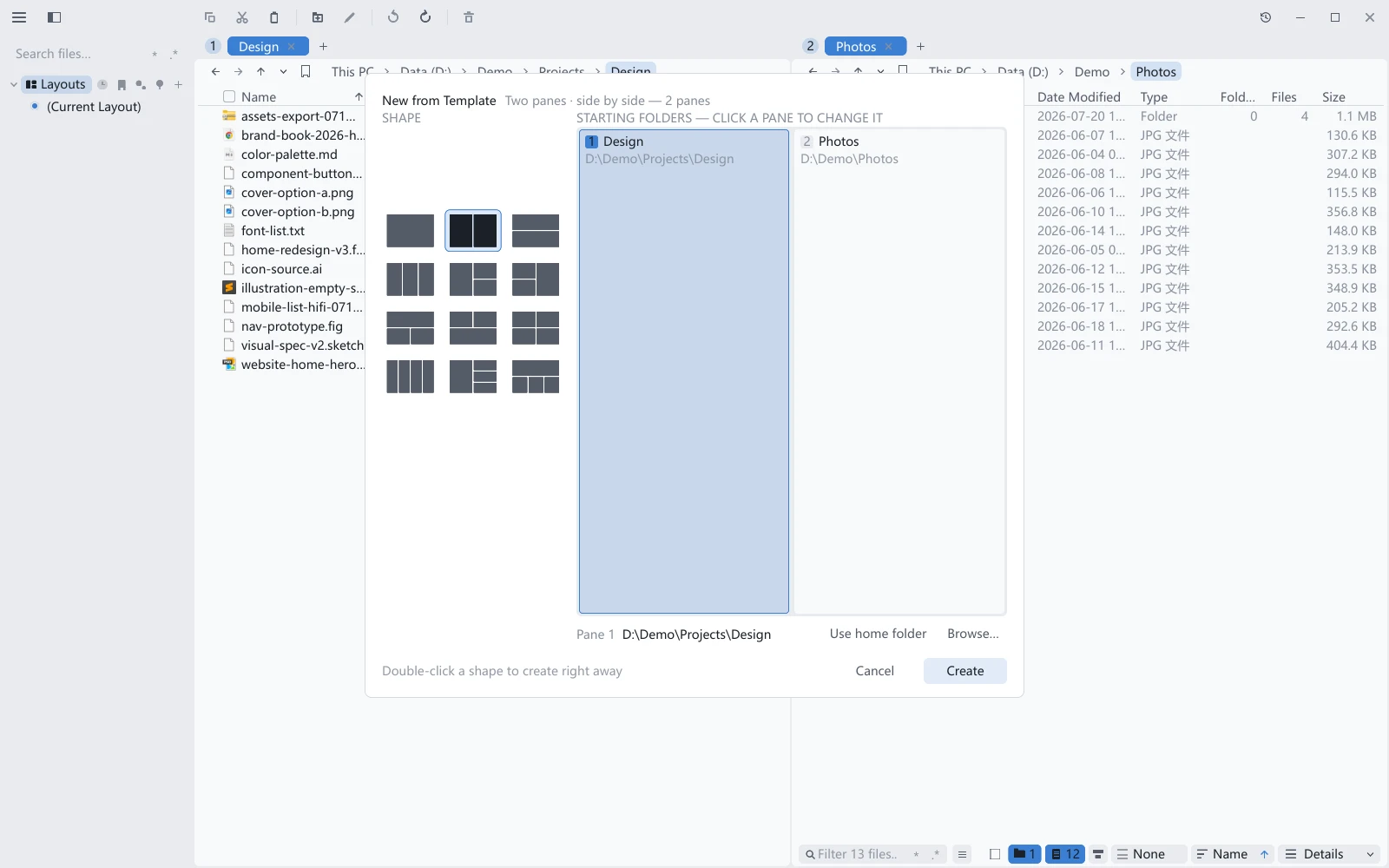 tessoa's New from Template dialog: twelve shape thumbnails on the left, the chosen shape drawn on the right with each pane labelled with its number and folder