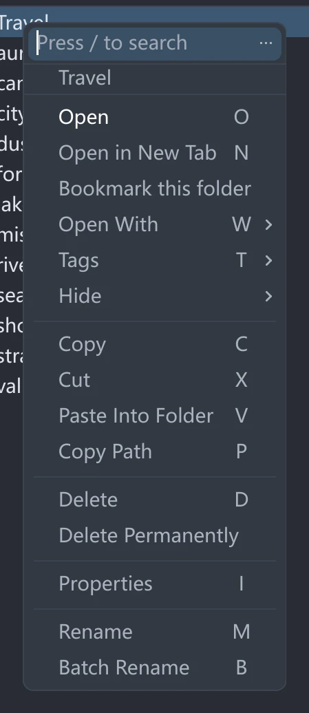 tessoa's right-click menu on a folder: the folder's name in grey at the top, then Open, Open in New Tab, Bookmark this folder, and below them Open With, Tags and Hide