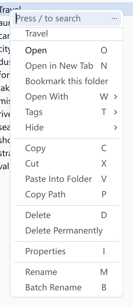 tessoa's right-click menu on a folder: the folder's name in grey at the top, then Open, Open in New Tab, Bookmark this folder, and below them Open With, Tags and Hide