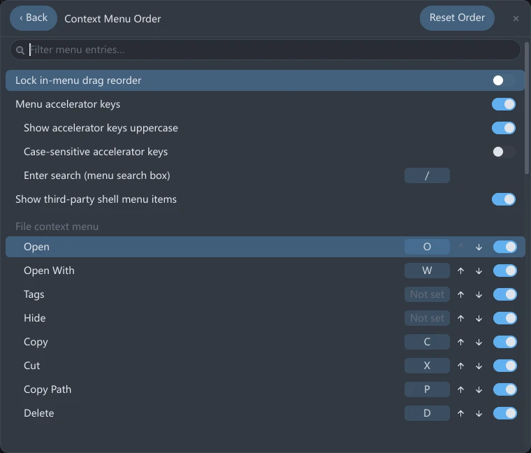 The Context Menu Order page in tessoa settings: a filter box at the top, then the switches for locking in-menu drag, menu accelerator keys and showing third-party items, and below them the File context menu group listing its entries, each row with an accelerator key, ↑, ↓ and a toggle