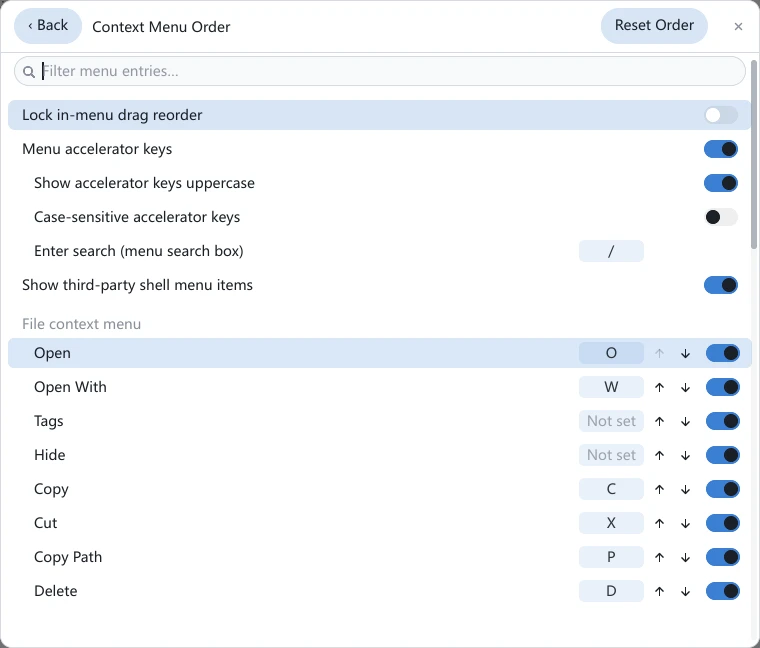 The Context Menu Order page in tessoa settings: a filter box at the top, then the switches for locking in-menu drag, menu accelerator keys and showing third-party items, and below them the File context menu group listing its entries, each row with an accelerator key, ↑, ↓ and a toggle