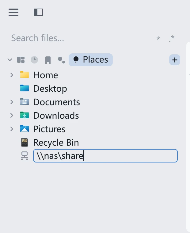 tessoa's sidebar Places component page: common folders followed by an inline box holding a half-typed network path