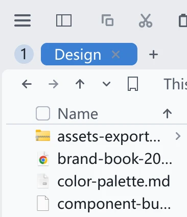 The group number badge at the left end of a tab bar: a circle holding the digit 1, with the Design tab next to it