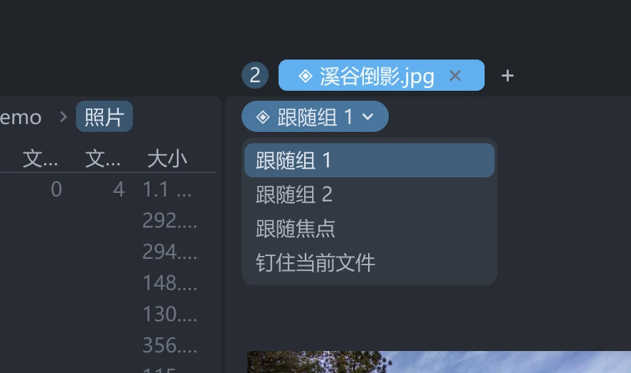 预览标签页的导航栏:只有一枚写着「跟随组 1」的绑定芯片,单击后下面展开改绑菜单