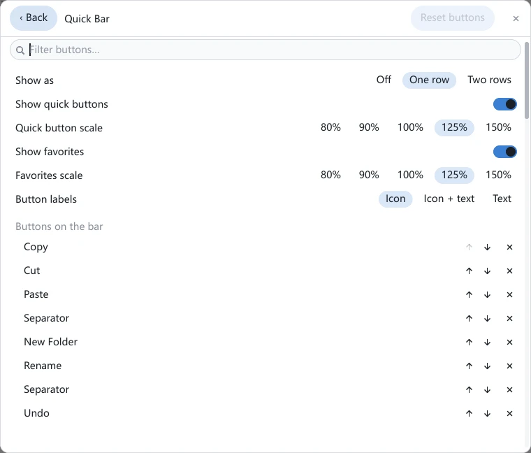 tessoa's Quick Bar settings page: a filter box at the top, then the Show as, Show quick buttons, Quick button scale, Show favorites, Favorites scale and Button labels rows, and below them the Buttons on the bar group listing Copy, Cut, Paste, Separator and more, each row ending in an up arrow, a down arrow and an ×