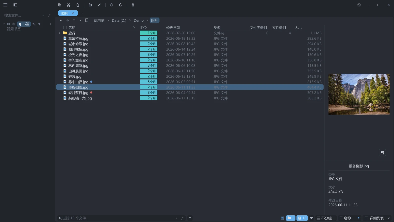 tessoa 详细列表视图右侧打开详情面板,面板里是选中图片的预览与文件信息