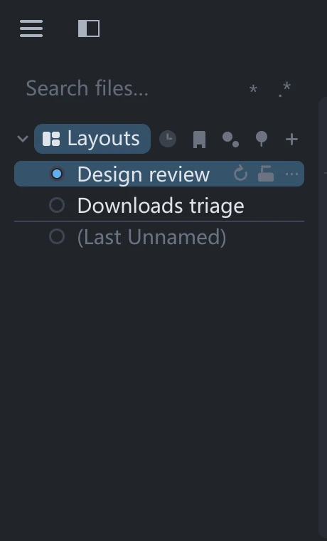 tessoa sidebar Layouts component page: two named layouts, the (Last Unnamed) slot, and a filled dot plus lock icon on the active layout