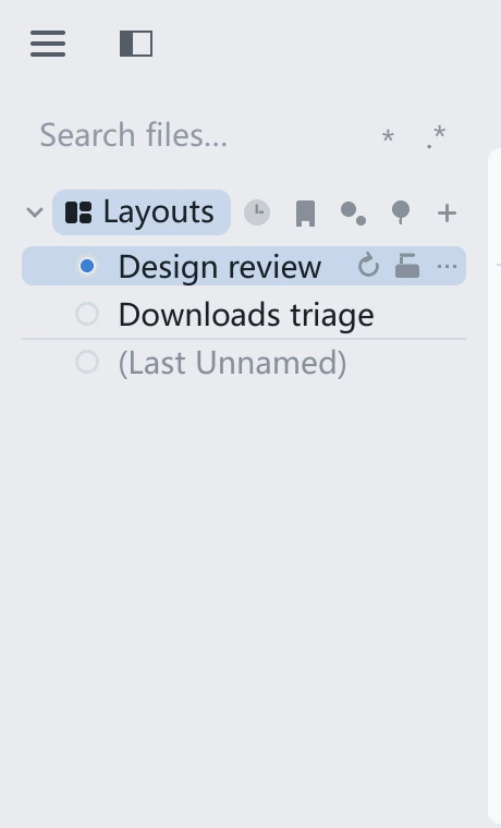 tessoa sidebar Layouts component page: two named layouts, the (Last Unnamed) slot, and a filled dot plus lock icon on the active layout