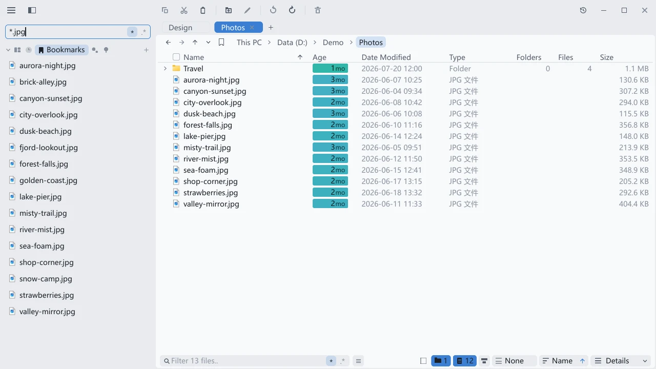 The tessoa sidebar search box contains the wildcard *.jpg, with matching image files on the left and the Photos folder in Details view on the right