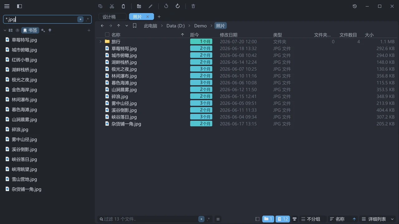 tessoa 侧栏搜索框输入通配符 *.jpg,左侧列出匹配的图片文件,右侧保留照片目录的详细列表