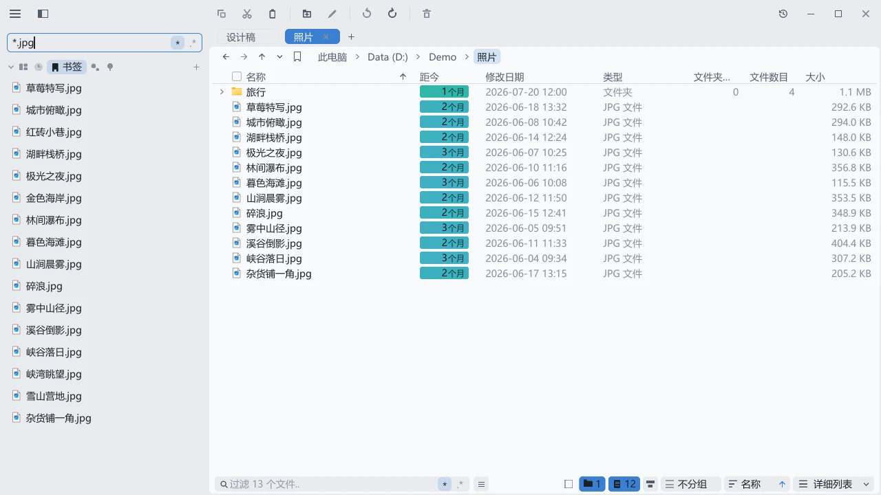tessoa 侧栏搜索框输入通配符 *.jpg,左侧列出匹配的图片文件,右侧保留照片目录的详细列表