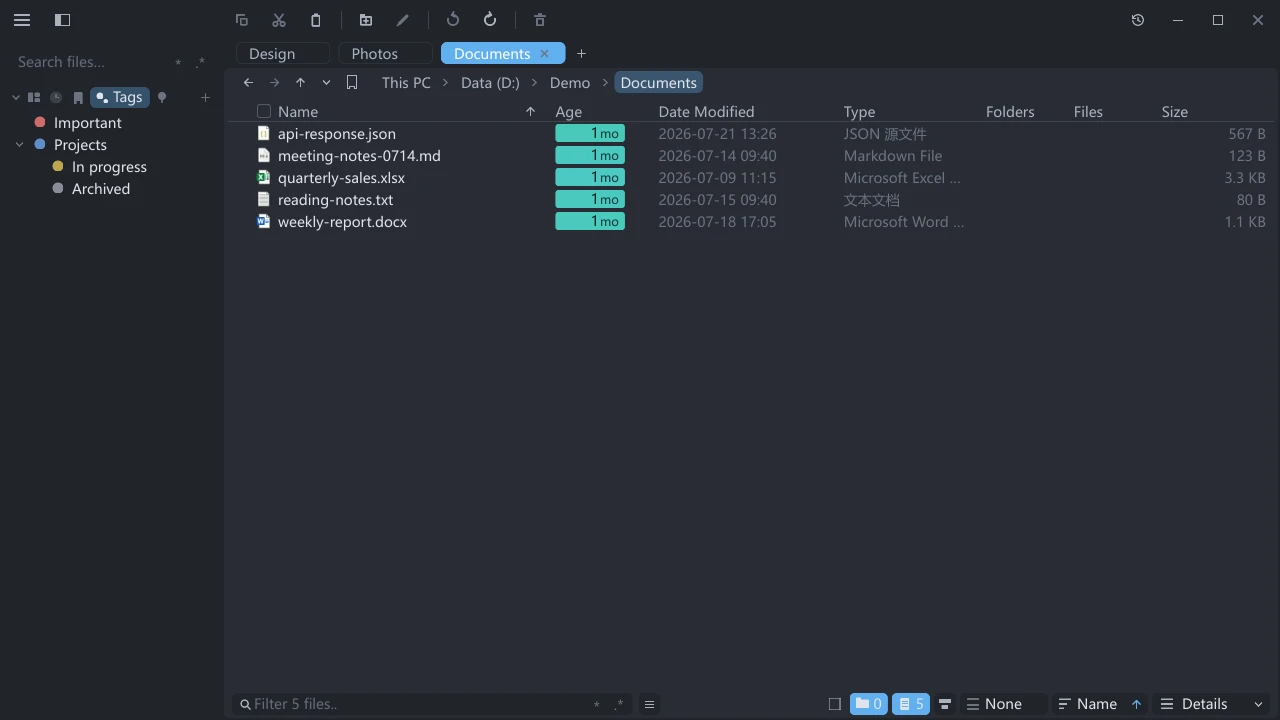 The tessoa sidebar component tab strip with Tags selected, listing colored tags such as Important and Projects below