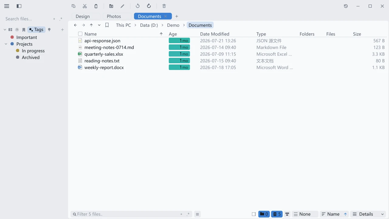The tessoa sidebar component tab strip with Tags selected, listing colored tags such as Important and Projects below