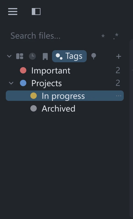 tessoa sidebar Tags component page: colored tags with a nested child, the row-end more menu visible on hover