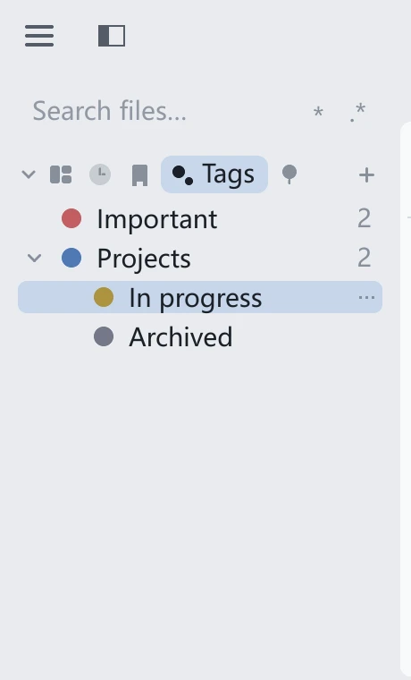 tessoa sidebar Tags component page: colored tags with a nested child, the row-end more menu visible on hover