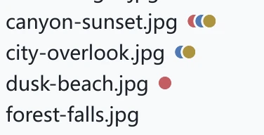 Colored tag dots at the end of list rows, at most three per row