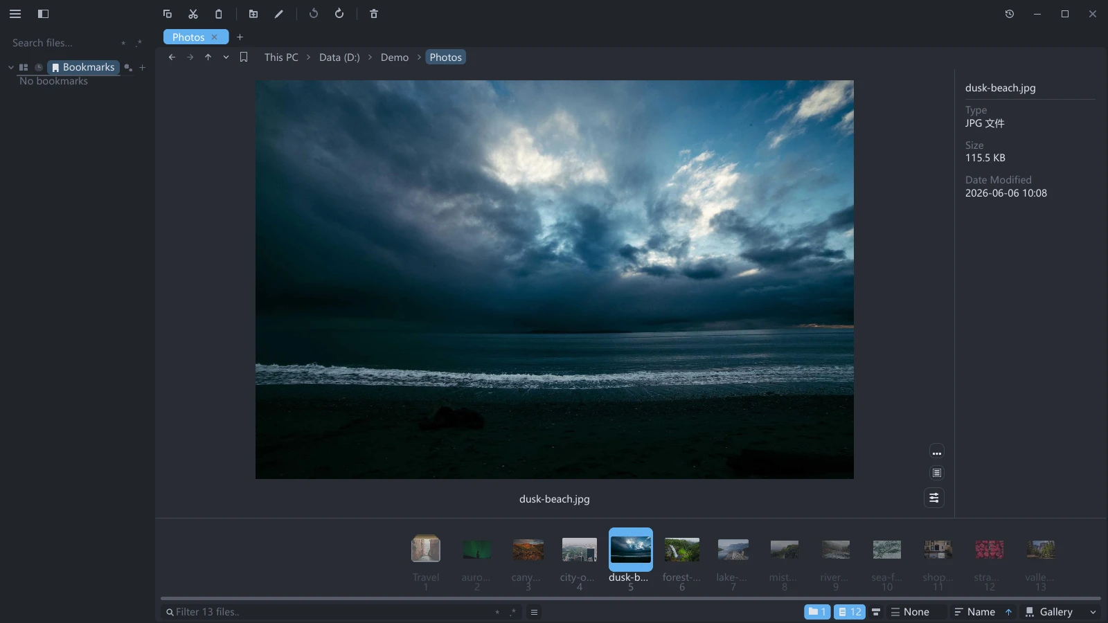 tessoa gallery view with a large center preview and filmstrip