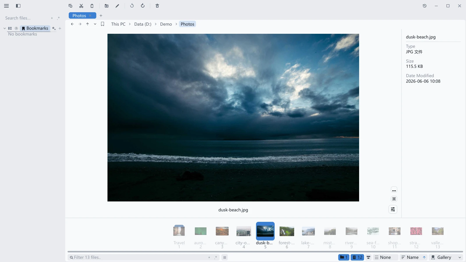 tessoa gallery view with a large center preview and filmstrip