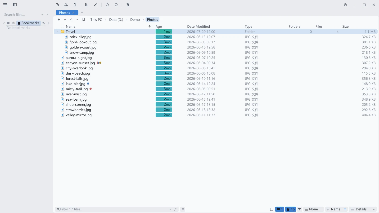 tessoa details view with a tree-expanded folder and colored tag dots
