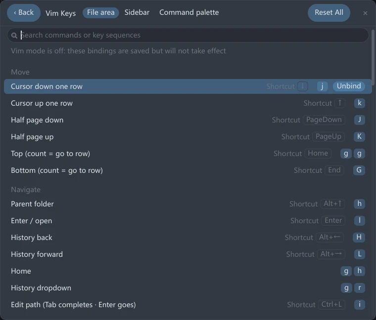 The Vim Keys page in tessoa's Settings: a row of ‹ Back, the page name, the File area / Sidebar / Command palette switcher and Reset All on top, then a search box and a line of explanation, then commands grouped under Move and Navigate, each row ending in a Shortcut-prefixed peer cell, one or two key caps, and an Unbind button on the selected row