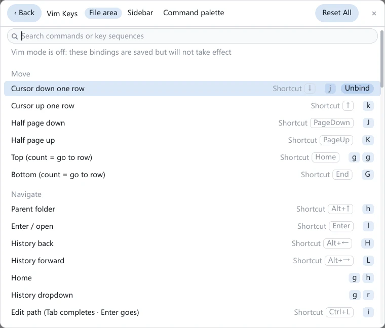 The Vim Keys page in tessoa's Settings: a row of ‹ Back, the page name, the File area / Sidebar / Command palette switcher and Reset All on top, then a search box and a line of explanation, then commands grouped under Move and Navigate, each row ending in a Shortcut-prefixed peer cell, one or two key caps, and an Unbind button on the selected row